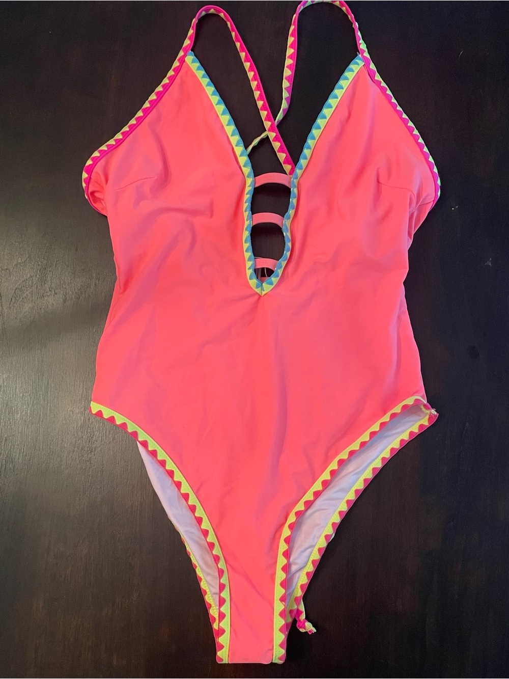 Popvil Neon Pink One-Piece Swimsuit with Chevron Trim